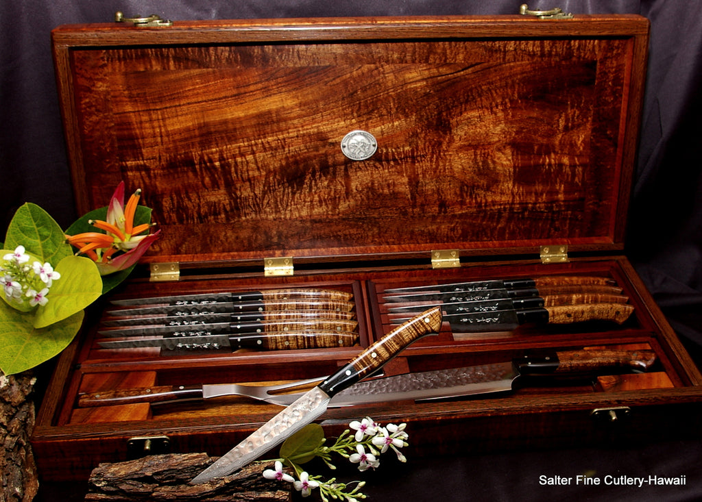 Best handcrafted bespoke steak knife set in display box by Salter Fine Cutlery