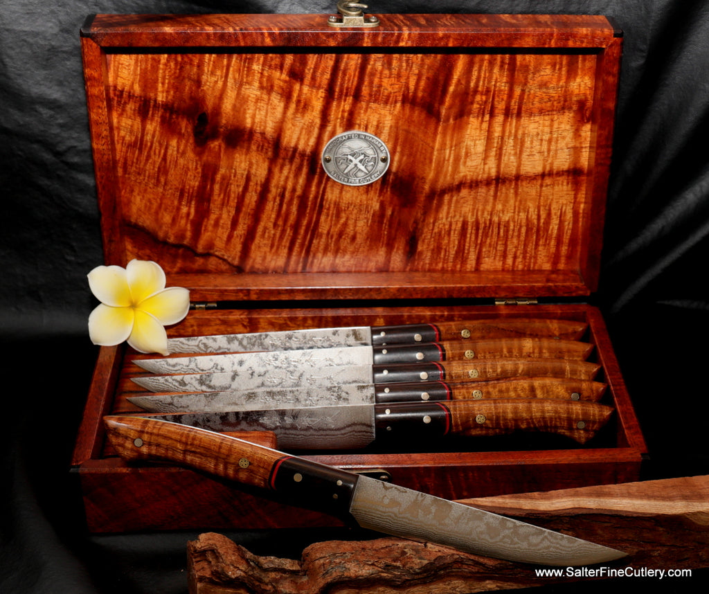 Best damascus handmade steak knife sets in any size with exotic koa wood handles and box