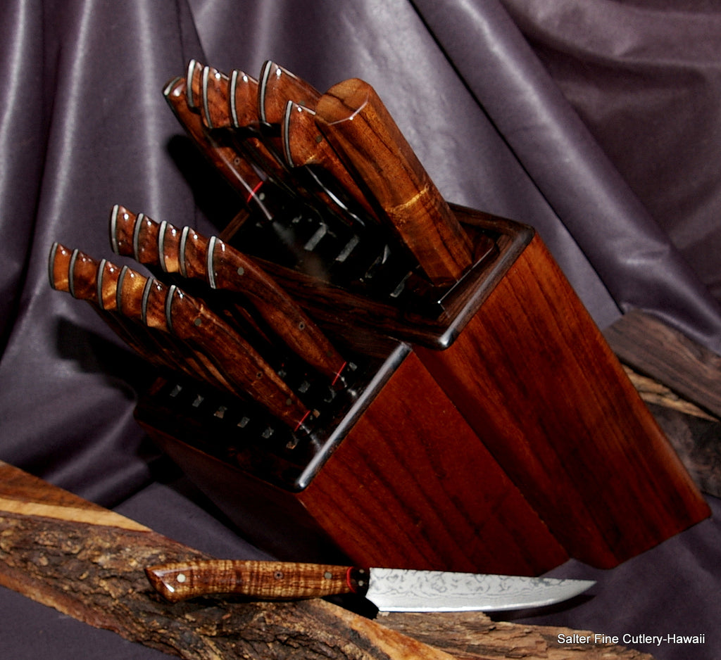 Custom dining and chef knife set in knife block with black accents by Salter Fine Cutlery