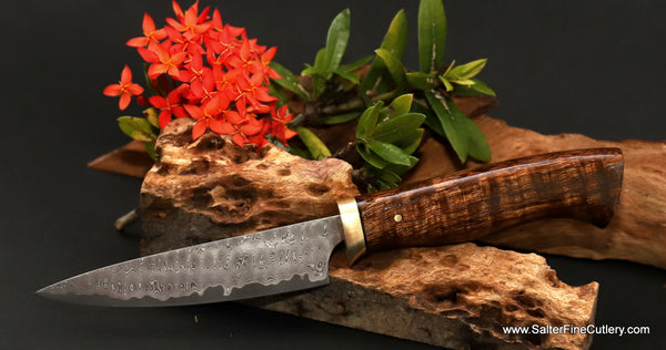 100mm paring knife Charybdis series with curly Hawaiian koa wood and brass handle luxury handmade kitchen ware from Salter Fine Cutlery