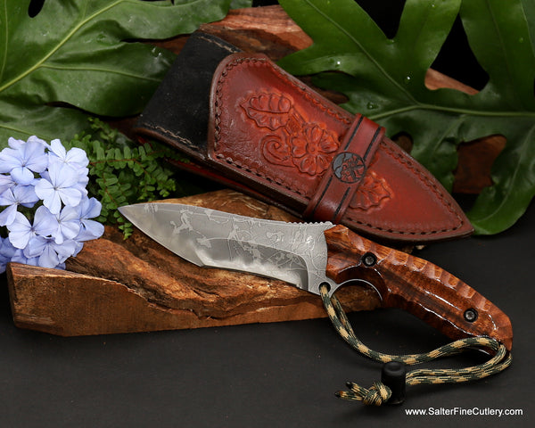 125mm hunting knife custom pigskin lined leather sheath Hawaiian koa handle blade by Kiku  from Salter Fine Cutlery