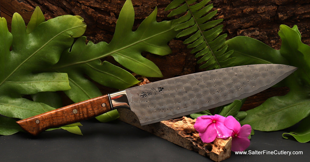 210mm chef gyuto Whirlpool damascus hand-forged with  exotic Hawaiian koa wood handle handcrafted in Hawaii by Salter Fine Cutlery luxury kitchen knives