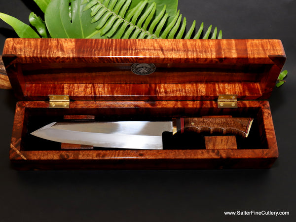 210mm chef knife mirror polished with beveled swedge tip wrapped in super curly koa wood from Salter Fine Cutlery luxury collectible culinary knives