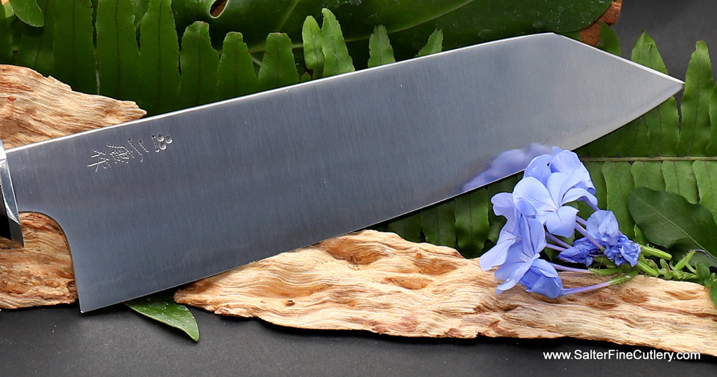 210mm chef knife kiritsuke tip perfect for vegan cooking blade detail  high polish finish from Salter Fine Cutlery
