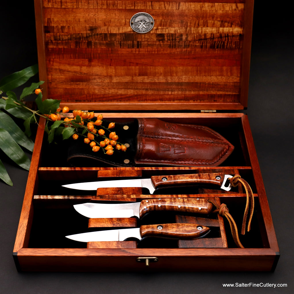 3-piece outdoorsmans knife set with truesse sheath in keepsake box by Salter Fine Cutlery