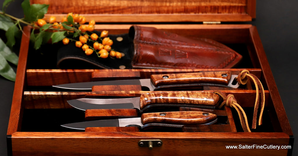 Hunting knife 3-pc set with leather belt sheath in keepsake box by Salter Fine Cutlery