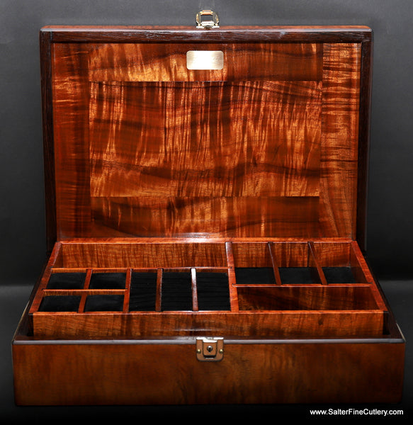 Combination Jewelry and Valet box 2-tier open handcrafted koa wood by Salter Fine Cutlery and custom woodworking Hawaii