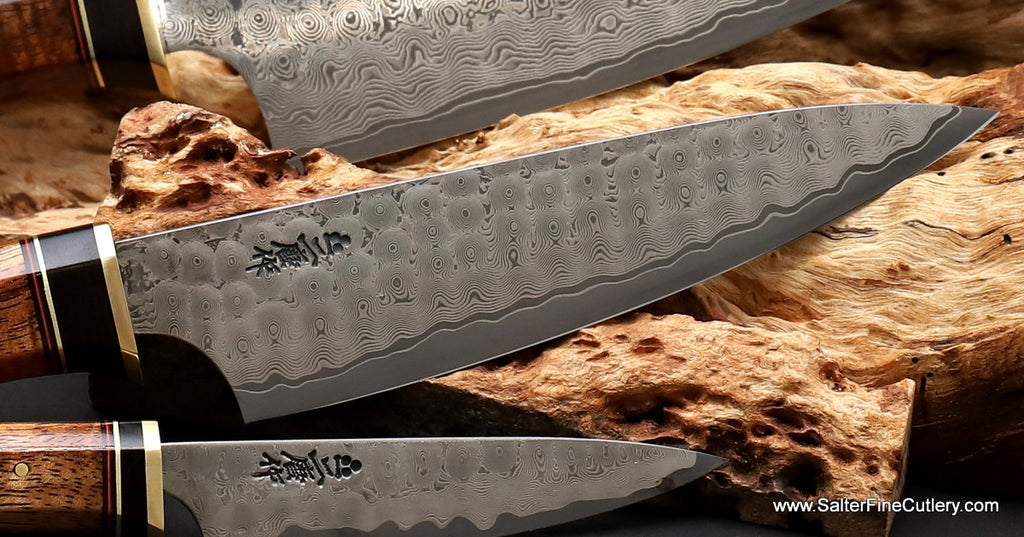 Blade detail 3-piece steak knife set Charybdis artisan design series by Salter Fine Cutlery completely handmade kitchen tools and decor