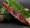 Hunting knife 180mm Raptor design with curly koa wood scalloped handle in custom personalized sheath from Salter Fine Cutlery of Hawaii