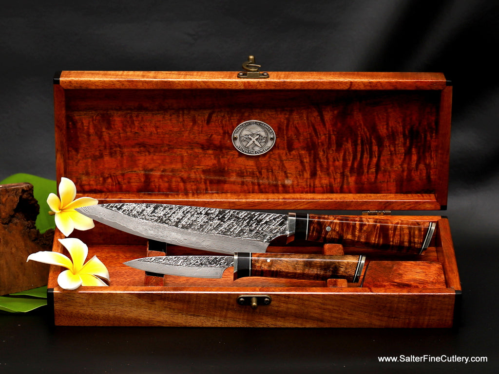 2-piece artisan made luxury chef knife set in a handcrafted keepsake box from Salter Fine Cutlery of Hawaii