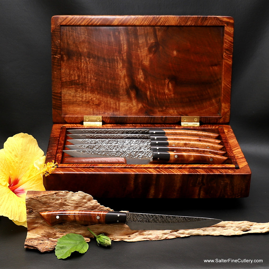 6-piece custom steak knife set featuring our Raptor design blades and curly koa wood handles with matching presentation box by Salter Fine Cutlery of Hawaii