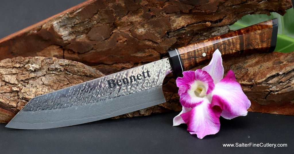 180mm Salter Fine Cutlery bunka design chef knife with custom engraving for a professional chef handcrafted by Salter Fine Cutlery of Hawaii