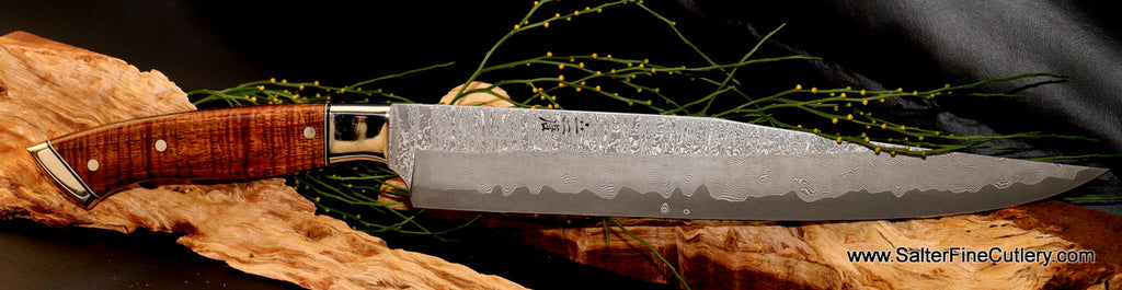 Handmade 10.5 inch blade carving knife with damascus pattern and custom koa wood handle from Salter Fine Cutlery of Hawaii