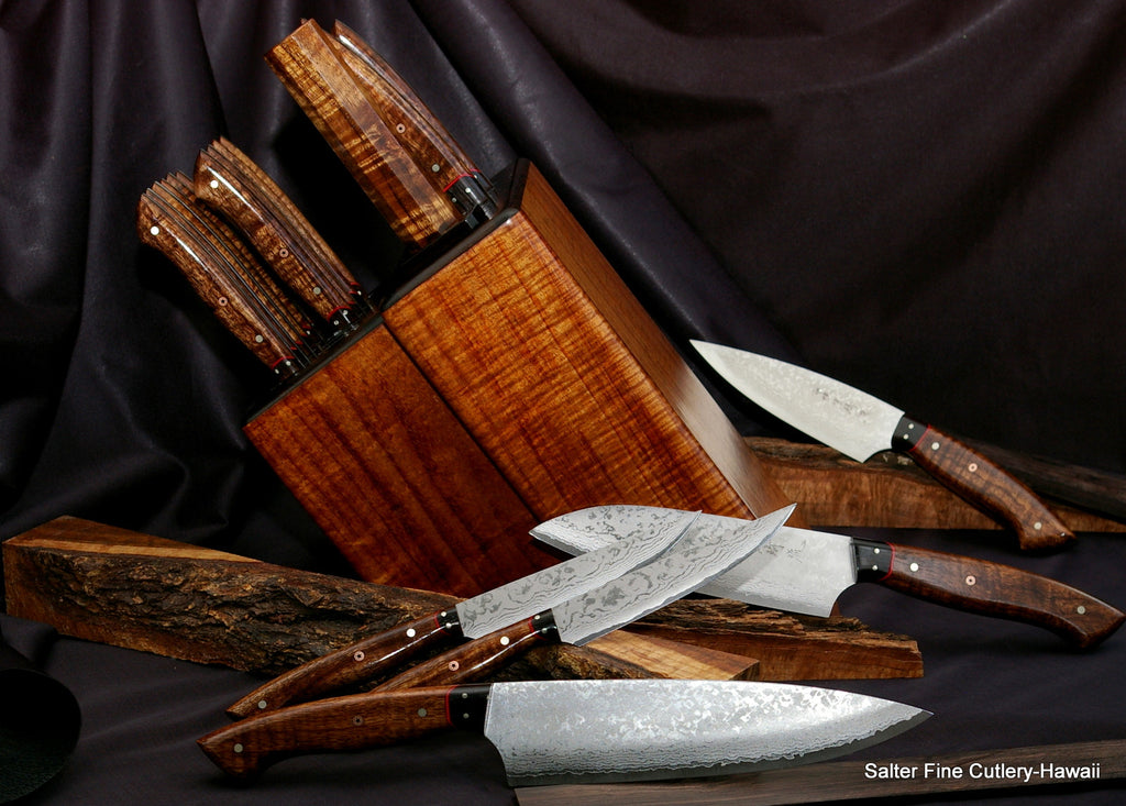 Combination chef and steak knife set in custom matching block with sharpening rod by Salter Fine Cutlery