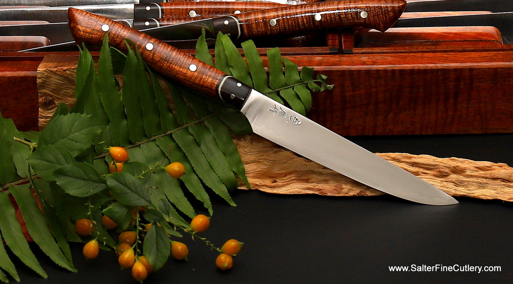 Handmade steak knives highest quality with or without damascus or hammered patterns with your choice of handle material from Salter Fine Cutlery