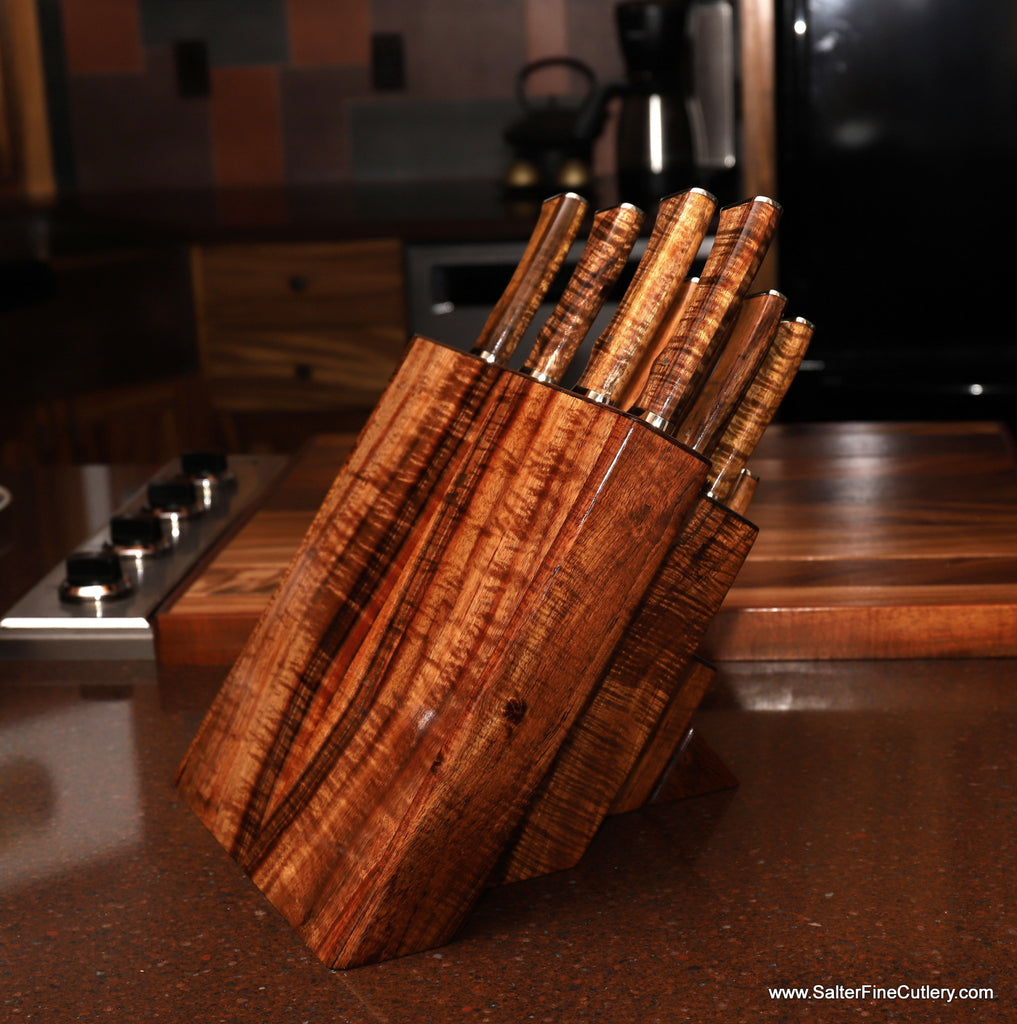 Handcrafted luxury chef and steak knife set in knife block of curly Hawaiian koa wood by Salter Fine Cutlery