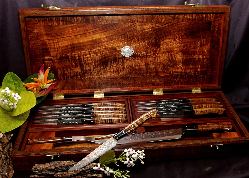 Handmade Custom Steak Knife Set and Carving Set in Presentation Box from Salter Fine Cutlery of Hawaii