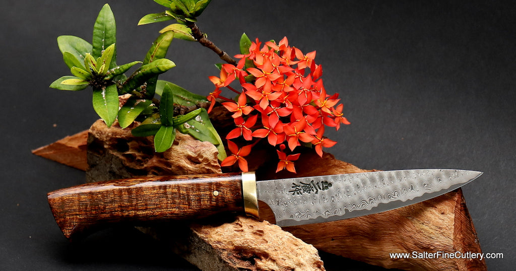 100mm paring knife Charybdis design series with free-form handle and brass fittings from Salter Fine Cutlery handmade luxury kitchenware 