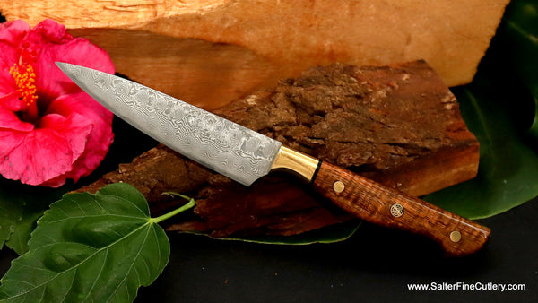 Luxury custom paring knife hand-forged and completely handcrafted from Salter Fine Cutlery of Hawaii