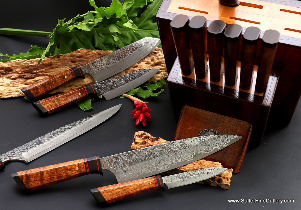Large combination chef and steak knife set in knife block showing our exclusive VillageForge chef knives handforged custom kitchenware for gourmet kitchens by Salter Fine Cutlery 