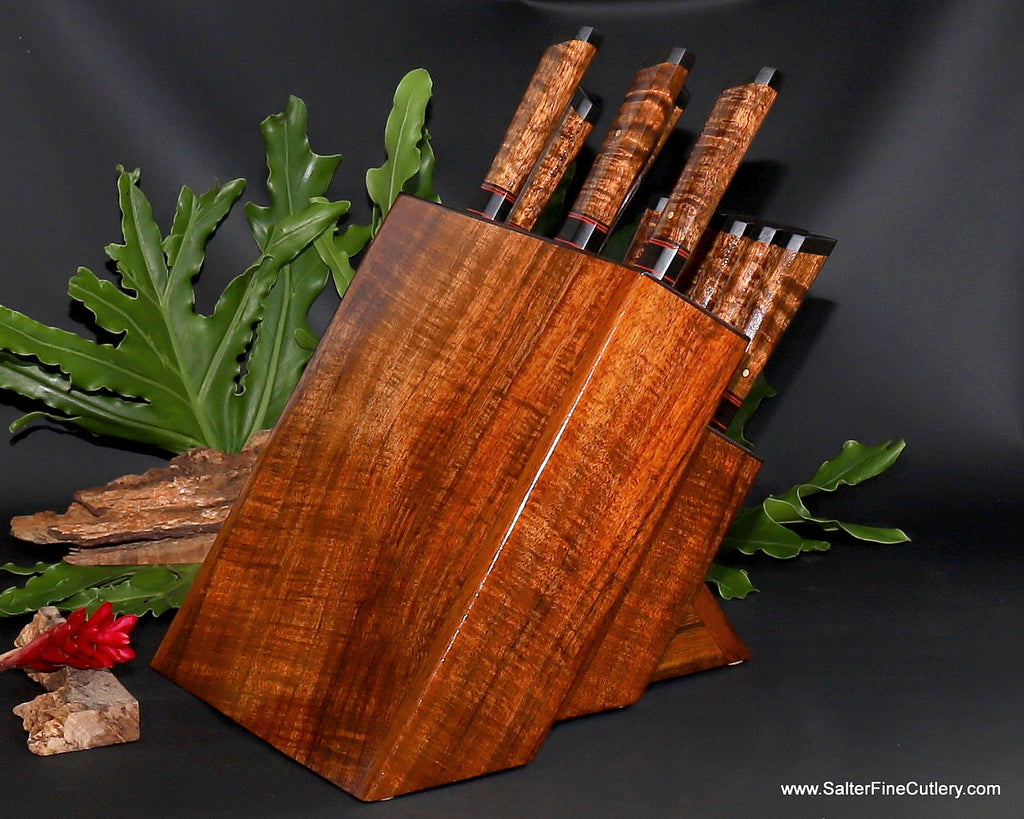 12-piece combination luxury chef and steak knife set in handcrafted matching curly koa wood knife block by Salter Fine Cutlery and custom woodworking