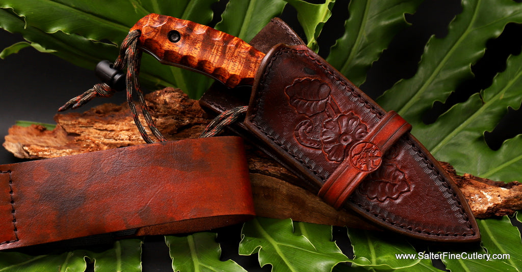 125mm collectible hunting knife with koa wood handle by Gregg Salter and handcrafted leather sheath by Andrew Brown from Salter Fine Cutlery