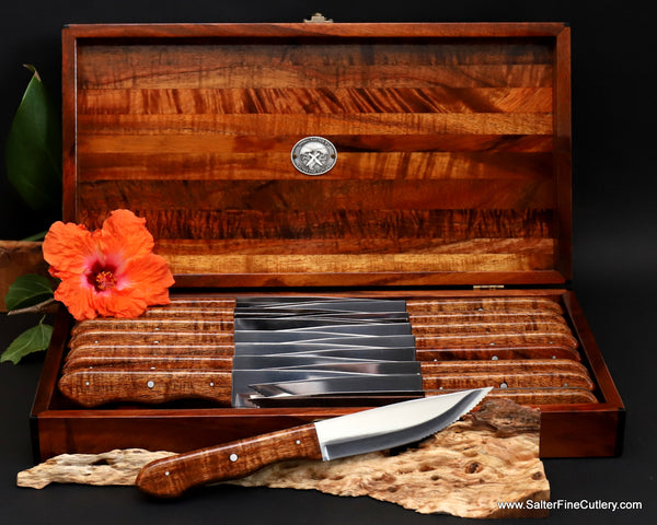 16-piece steak knife set in staggered keepsake box all curly Hawaiian koa wood by Salter Fine Cutlery of Hawaii