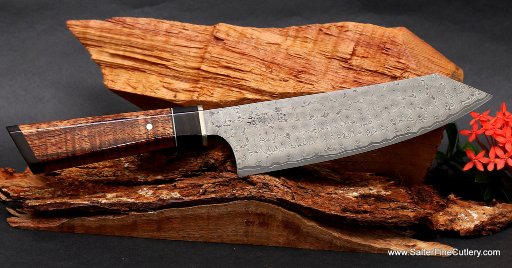 180mm bunka style meat and vegetable kitchen knife with Charybdis design series whirlpool damascus pattern and decorative handle by Salter Fine Cutlery