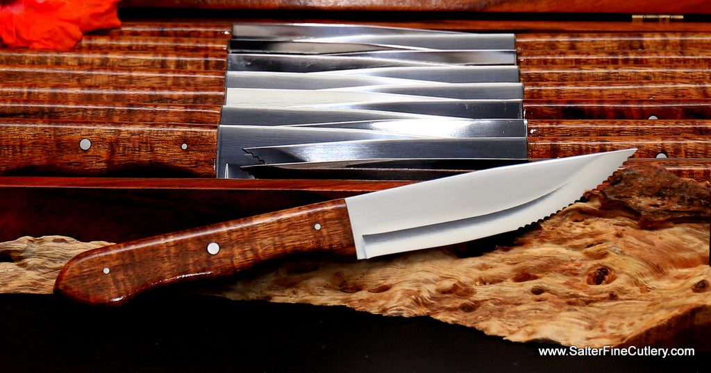 Detail view knife blades part of 16-piece handmade steak knife set by Salter Fine Cutlery Hawaii