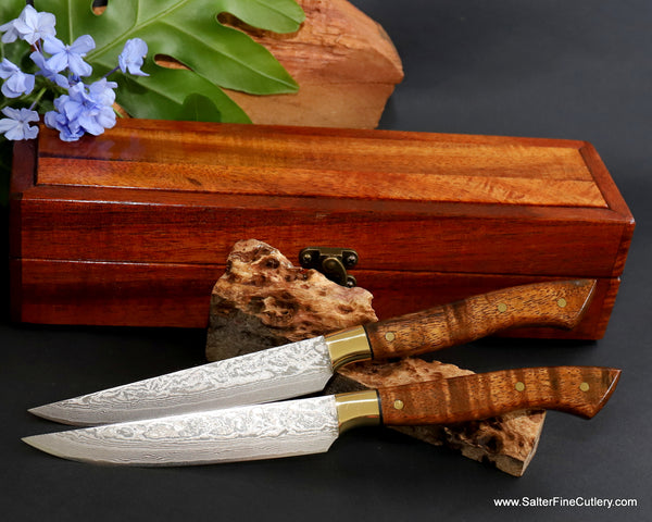 2-piece steak knife set handforged luxury handcrafted koa wood handles and box by Salter Fine Cutlery of Hawaii