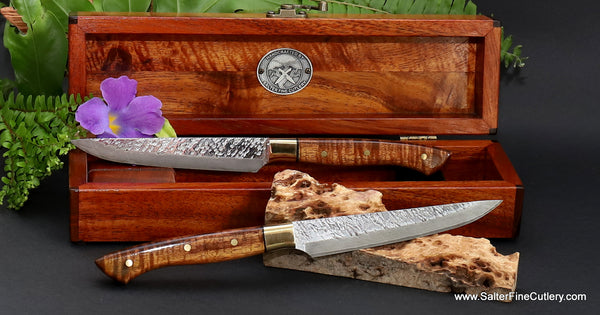 2-piece luxury handmade steak knife set with koa handles and keepsake box by Salter Fine Cutlery of Hawaii