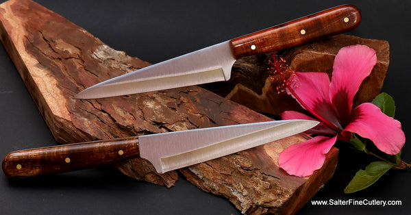 Steak knives with curly koa wood handles from Salter Fine Cutlery for corporate gifts engravable with your company logo