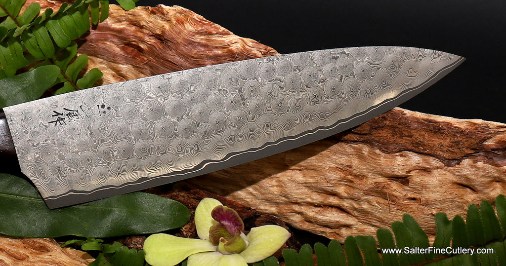 200mm chef knife Charybdis-series whirlpool damascus R2 stainless steel blade detail from Salter Fine Cutlery