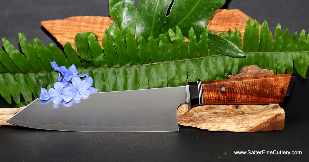 210mm chef knife kiritsuke style tip with high polished finish and extra-decorative handle by Salter Fine Cutlery