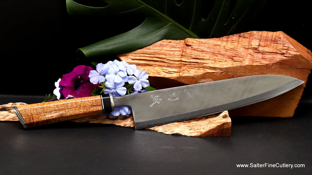 240mm gyuto with artist-series curly koa wood handle from Salter Fine Cutlery hand-forged cutlery