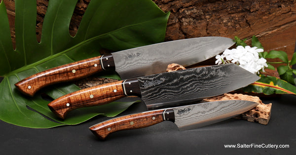 3-piece chef knife set polished damascus finish and curly Hawaiian koa wood handles from Salter Fine Cutlery 