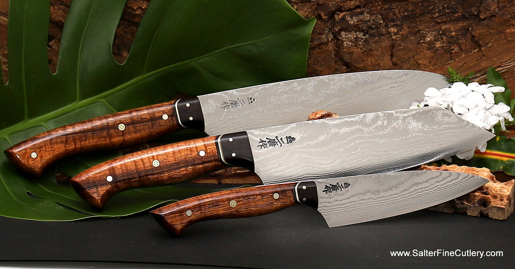 3-piece chef knife set Camelback full tang series with koa and ebony handles by Salter Fine Cutlery