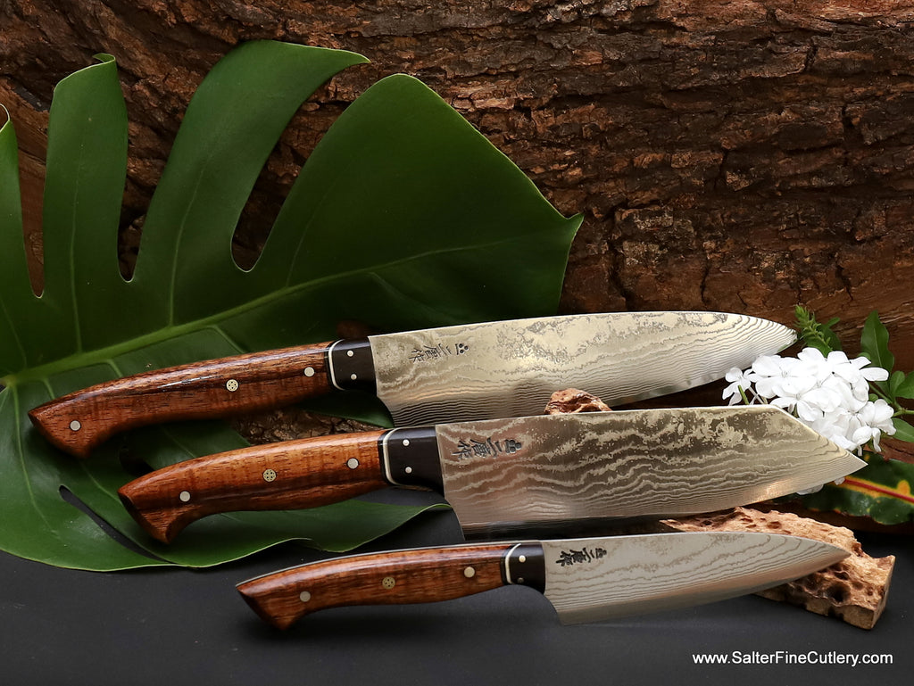 3-piece chef knife set full-tang handforged R2 stianless steel blades with curly Hawaiian koa wood handles and Mozambique ebony accents perfect for large hands from Salter Fine Cutlery