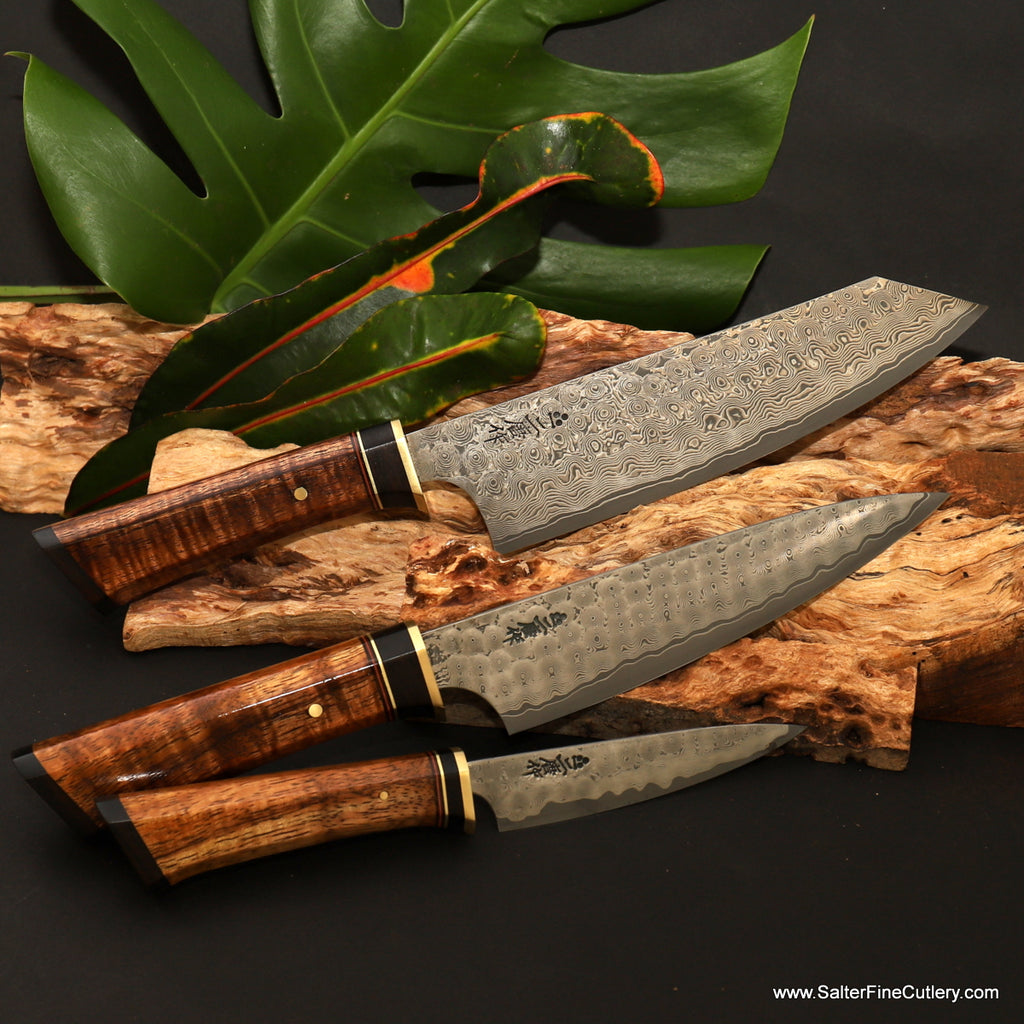 3-pc luxury chef knife set Charybdis series whirlpool damascus pattern with extra decorative handles by Salter Fine Cutlery