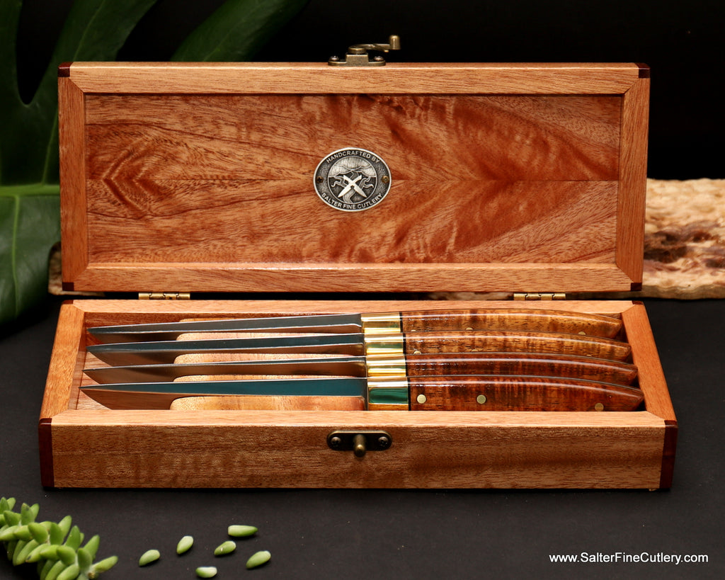 4-piece steak knife set Classic Clad design series in open Queensland Maple keepsake box by Salter Fine Cutlery handmade luxury tableware 