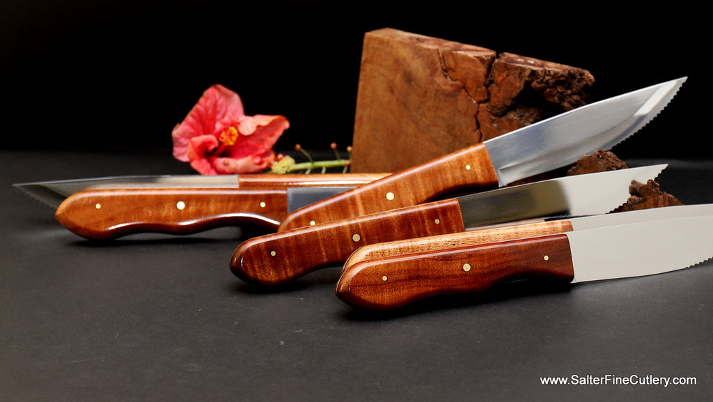 6-piece steakhouse collection handmade steak knives with curly Hawaiian koa wood handles by Salter Fine Cutlery