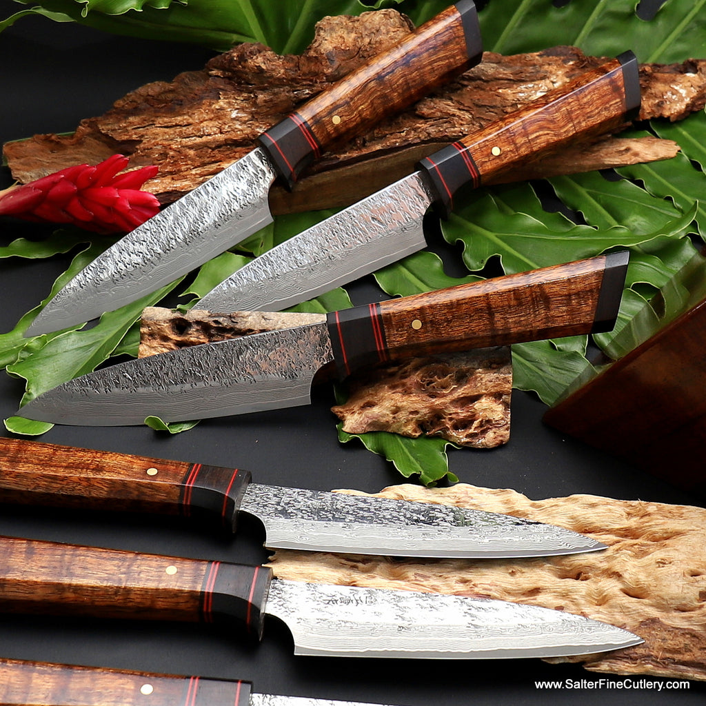 6-piece steak knife set with curly koa wood and ebony handles from Salter Fine Cutlery VillageForge collection luxury tableware