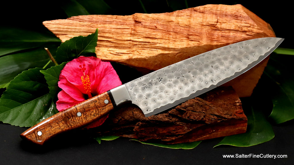 8-inch all purpose chef knife Charybdis whirlpool damascus collector series with beautiful curly Hawaiian koa wood handle by Salter Fine Cutlery luxury kitchenware for home or professional use