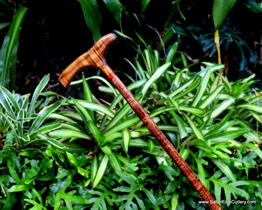 Cane 34-inch presentation grade curly koa wood handcrafted in Hawaii by Salter Fine Cutlery and custom woodworking