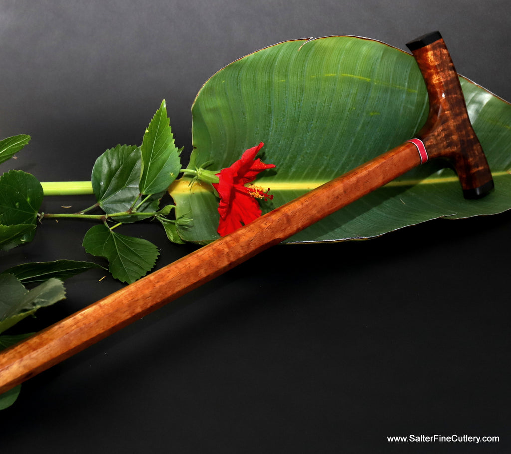 Handcrafted cane 34.5 inch with contrasting curly koa woods by Salter Fine Cutlery and custom woodworking