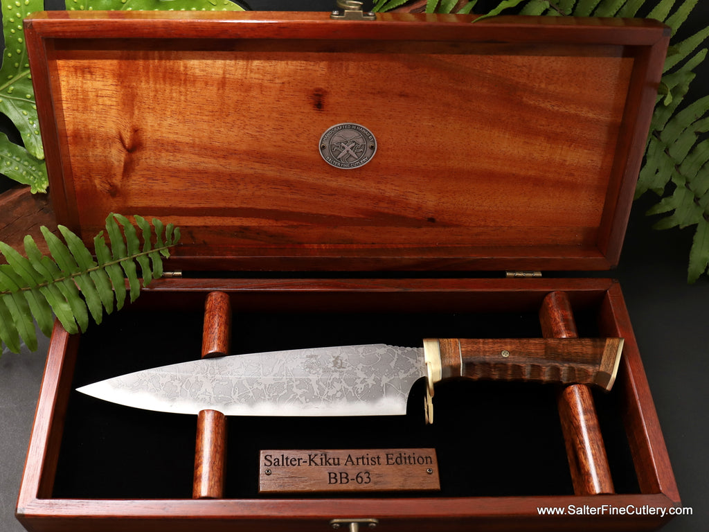 One-of-a-Kind artist collectible knife in keepsake box by Salter Fine Cutlery featuring accents of deck teak from the USS Missouri Battleship