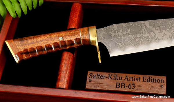 Collectible nautical themed Salter and Kiku collaboration knife with accents of deck teak wood from the USS Missouri from Salter Fine Cutlery