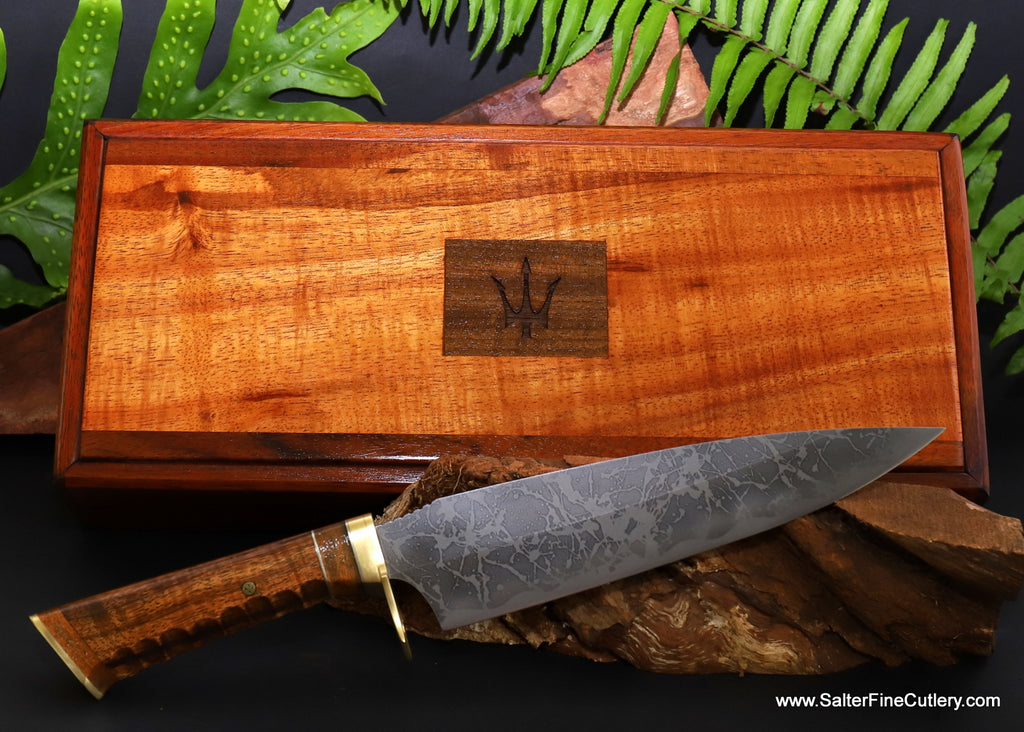 Collectible knife with engraved box accents include deck wood from the USS Missouri handmade by Salter Fine Cutlery