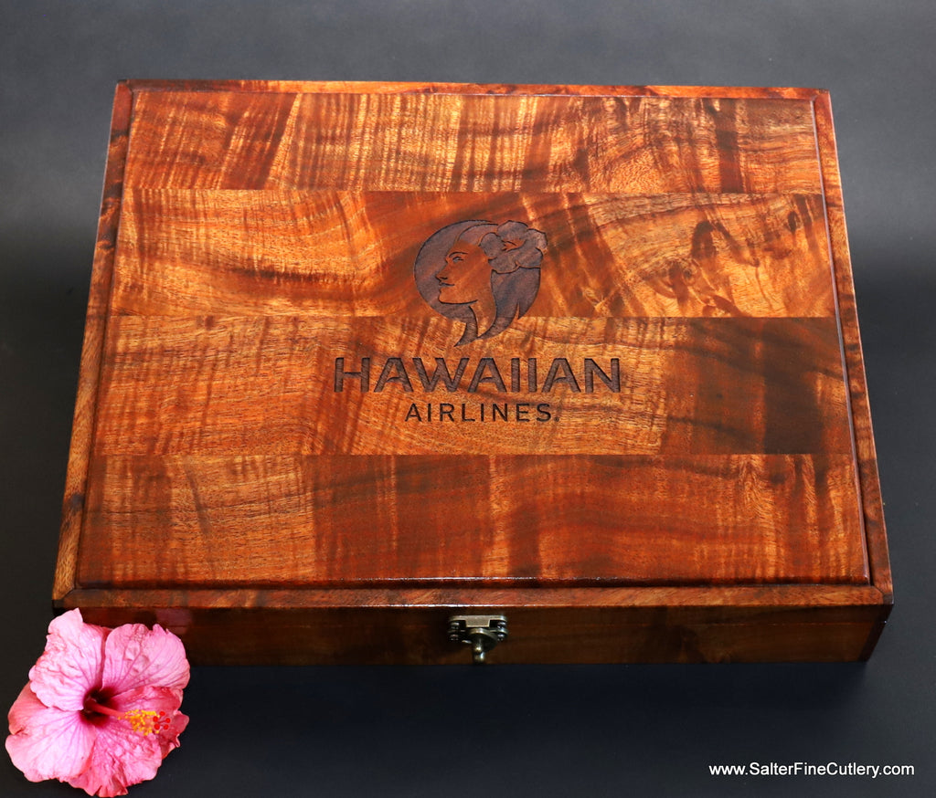 Custom keepsake boxed to hold corporate presentation gifts with logos handmade by Salter Fine Cutlery and custom woodworking of Hawaii