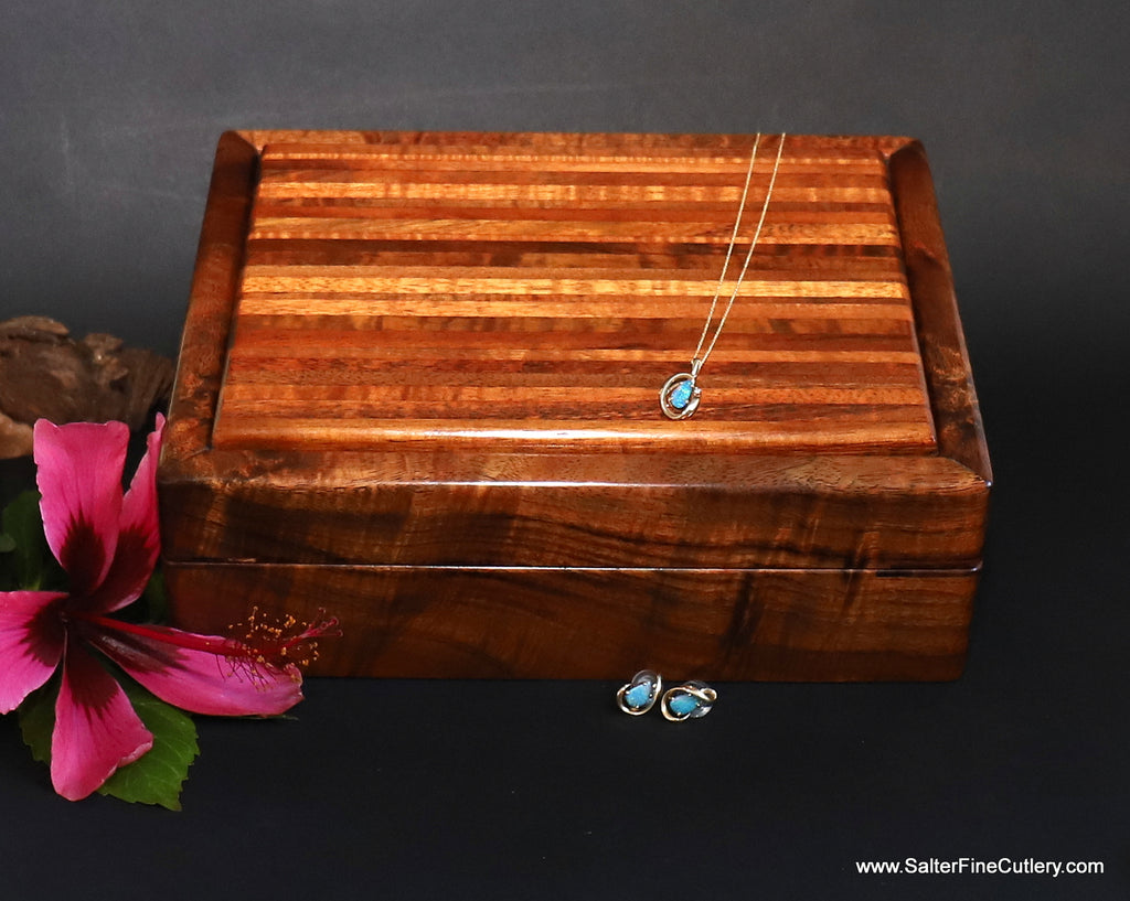 Jewelry box ladies medium closed handcrafted in Hawaii of curly rare koa wood by Salter Fine Cutlery and custom woodworking